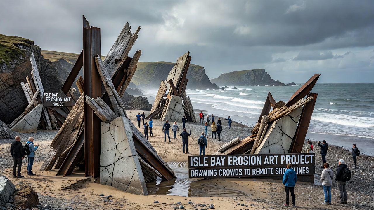 Visitors exploring erosion art pieces at low tide on Isle Bay coast